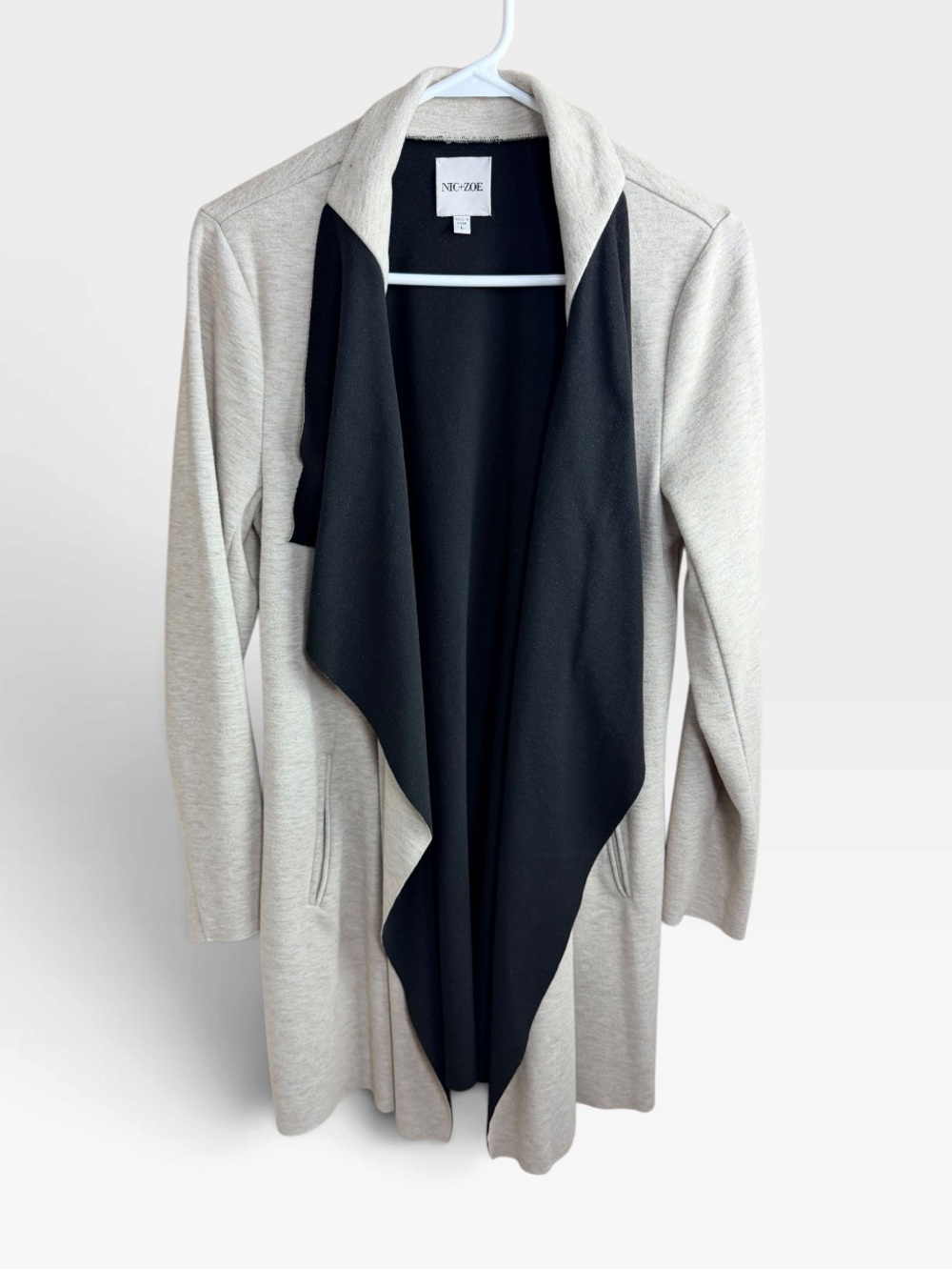 NIC+ZOE Women’s L Gray Beige Black Waterfall Open Front Long Cardigan Jacket - Picture 2 of 10